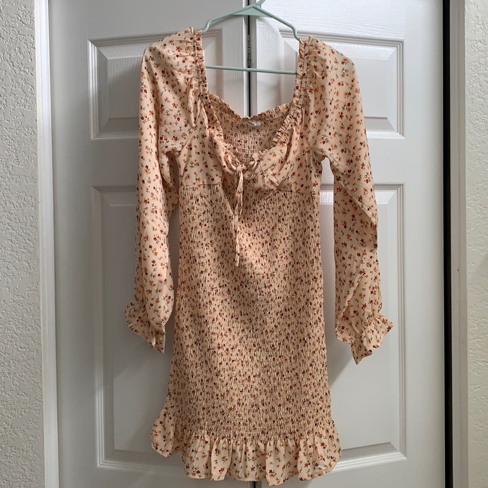 PinkBlush Cream/pink floral long sleeve smocked maternity dress